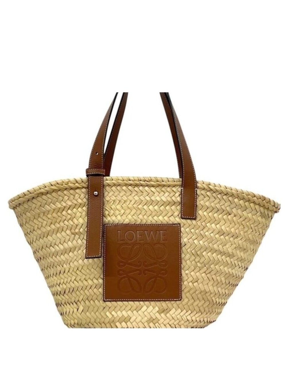 Loewe Basket Bag Medium Anagram 327.02 Raffia Palm Leaf Calfskin Natural Tan